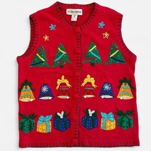 Vintage Victoria Harbour Red Knit Embroidered Christmas Bells Trees Sweater Vest